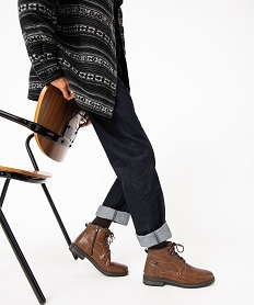 GEMO Boots homme unies à lacets et à zip style casual Brun