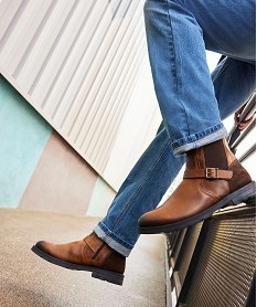 GEMO Boots homme dessus en cuir uni style Chelsea à zip marron vif