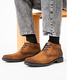 GEMO Low-boots avec surpiqûres et lacets contrastants homme Brun