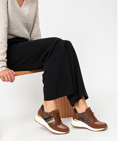 GEMO Baskets femme casual zébrées à semelle compensée marron standard