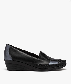 GEMO Mocassins femme confort en cuir à semelle compensée et empiècements noir standard