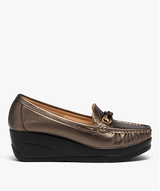 GEMO Mocassins femme confort dessus uni effet métallisé à semelle compensée Brun