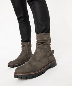 GEMO Boots femme à talon plat dessus uni avec col plissé kaki standard