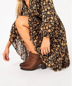 GEMO Boots femme à talon carré en suédine avec perles marron standard