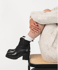 GEMO Boots femme dessus en cuir uni à large talon carré et col élastique noir standard