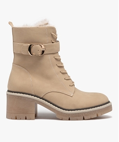 GEMO Boots fourrées unies femme à talon large avec lacets et col décoré bride à boucle Beige