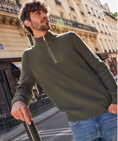 pull en grosse maille cotelee col camionneur zippe homme vert pullsJ108001_1