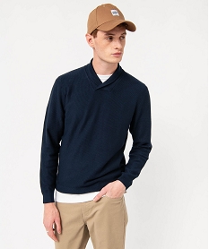 GEMO Pull col châle en fine maille côtelée homme Bleu