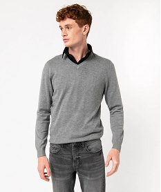 pull fin avec col v et maille fantaisie homme grisJ111201_1