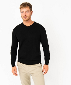 GEMO Pull fin avec col V et maille fantaisie homme Noir