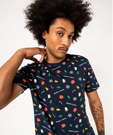 GEMO Tee-shirt manches courtes imprimé mini motifs Noël homme Bleu