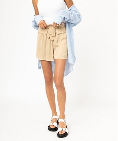 GEMO Short fluide avec taille élastique et ceinture à nouer femme Beige