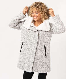 GEMO Manteau en maille avec col fourrure imitation femme Gris