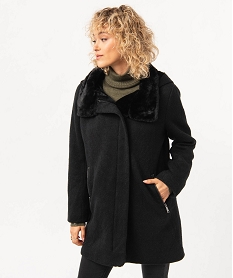 GEMO Manteau en maille avec col fourrure imitation femme Noir