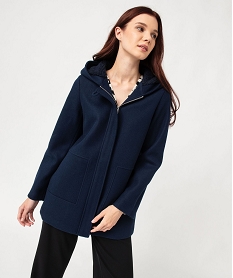 GEMO Manteau court zippé à capuche doublée sherpa femme Bleu