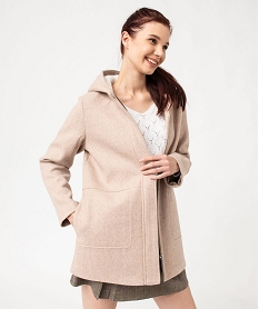 manteau court zippe a capuche doublee sherpa femme beigeJ139701_1