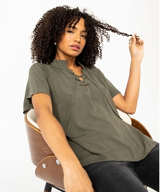 GEMO Blouse à manches courtes en crêpe de viscose uni femme Vert