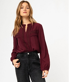 blouse femme a manches longues avec empiecements dentelle violetJ146001_1