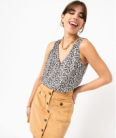 GEMO Blouse imprimée sans manches avec col V boutonné femme noir vif
