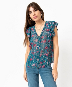 GEMO Blouse en voile fleuri sans manches à col V et volants femme imprime fleurs