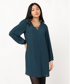 GEMO Robe droite imprimée à manches longues et col V fantaisie femme imprime cashmere