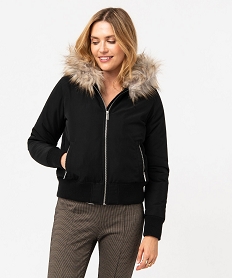 GEMO Blouson doublé peluche avec capuche femme Noir