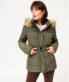 GEMO Blouson matelassé avec capuche à bord amovible et ceinture femme kaki standard