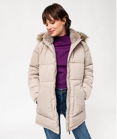 GEMO Manteau matelassé à capuche en fourrure imitation femme Beige