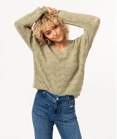 GEMO Pull ajouré avec col V en dentelle femme Vert