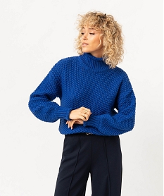 GEMO Pull à col montant en maille fantaisie femme Bleu