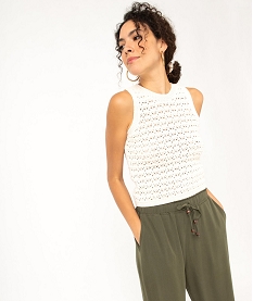 GEMO Débardeur en maille ajourée façon macramé femme blanc chine