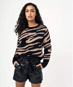 GEMO Pull à col rond à motifs zébrés femme Noir