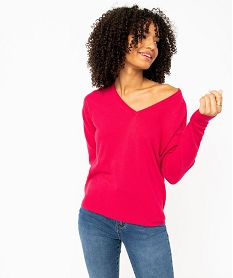 GEMO Pull femme en maille fine avec large col V rose standard