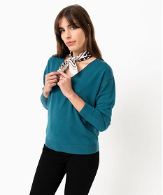 GEMO Pull femme en maille fine avec large col V bleu standard