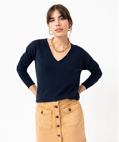 GEMO Pull femme en maille fine avec large col V navy