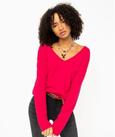 pull avec double col v et manches fantaisie femme roseJ168501_1