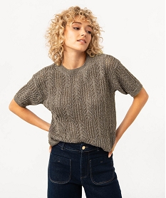 GEMO Pull à manches courtes en maille pailletée ajourée femme kaki standard