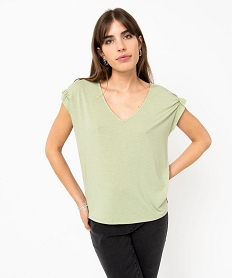 GEMO Tee-shirt femme à manches courtes froncées et col V Vert
