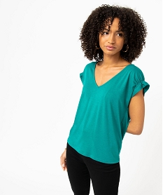 GEMO Tee-shirt femme à manches courtes froncées et col V kaki chine