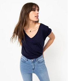 GEMO Tee-shirt femme à manches courtes froncées et col V noir chine