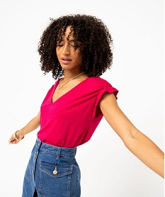 GEMO Tee-shirt femme à manches courtes froncées et col V rose standard