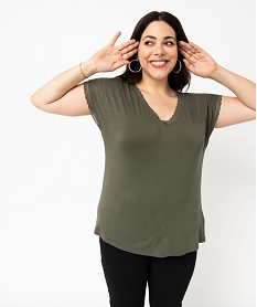 GEMO Tee-shirt femme grande taille à manches courtes et col V et dentelle kaki standard