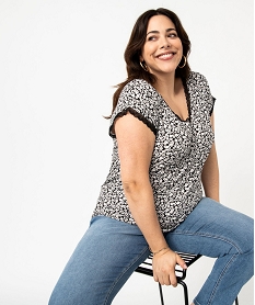 GEMO Tee-shirt femme grande taille à col V en dentelle Blanc