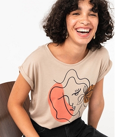 GEMO Tee-shirt à manches courtes avec motif fleuri femme Beige