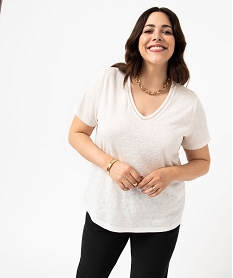 GEMO Tee-shirt manches courtes pailleté à col V femme grande taille blanc chine