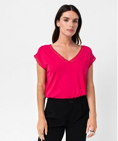 GEMO Tee-shirt femme à manches courtes avec col V en dentelle rose vif