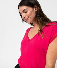 tee-shirt femme a manches courtes avec col v en dentelle roseJ174501_2