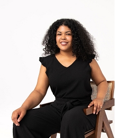 GEMO Tee-shirt col V avec volants aux emmanchures femme grande taille noir standard