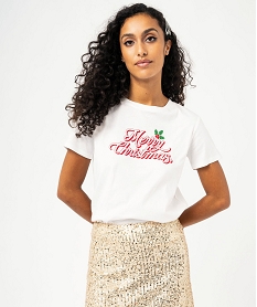 tee-shirt manches courtes imprime paillete noel femme blancJ178401_1