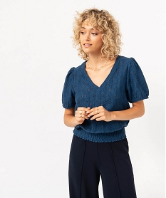 GEMO Tee-shirt à manches courtes en maille ajourée femme navy